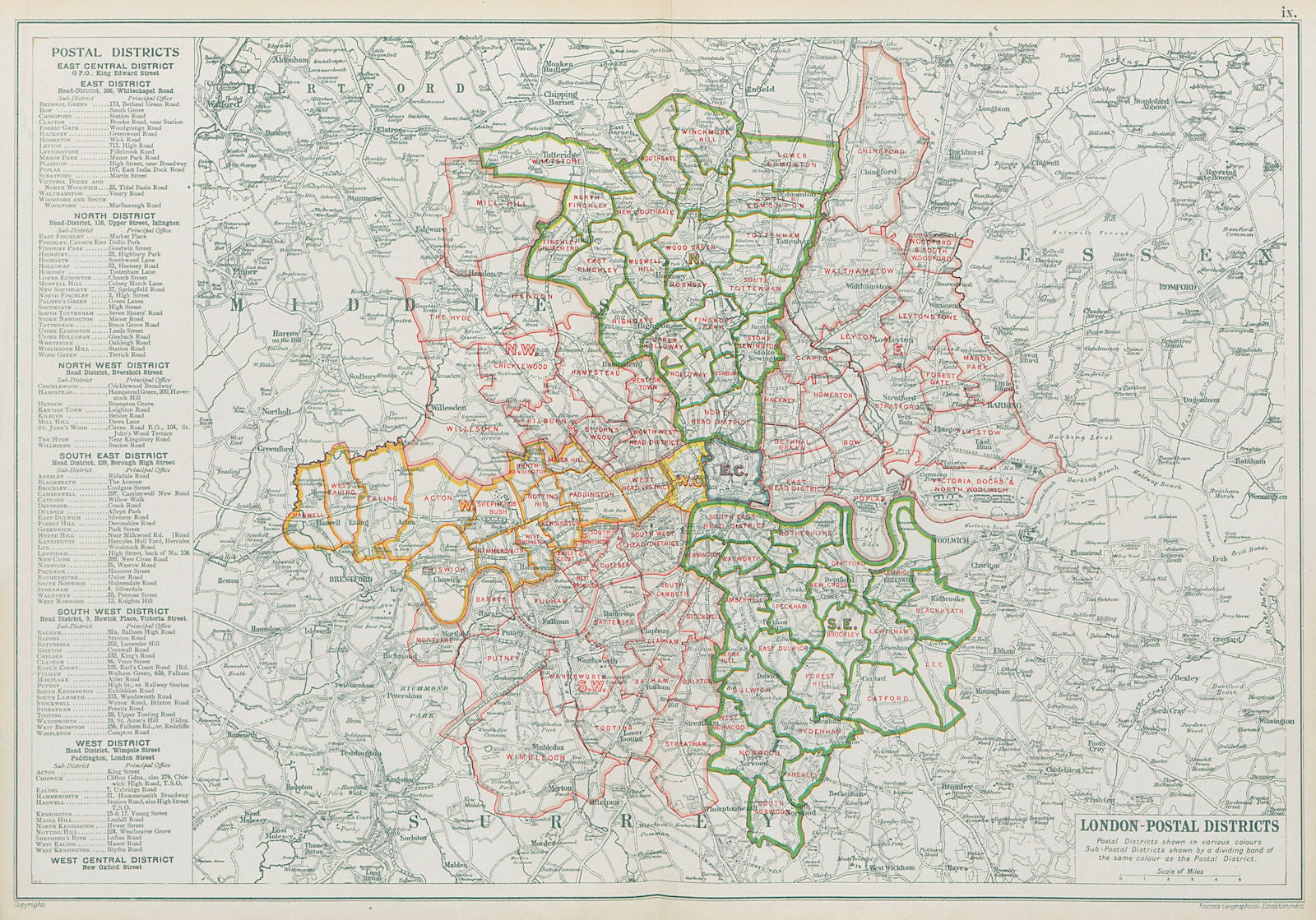 LONDON POSTAL DISTRICTS. Post code areas. N NW W SW SE E. BACON 1913 old map